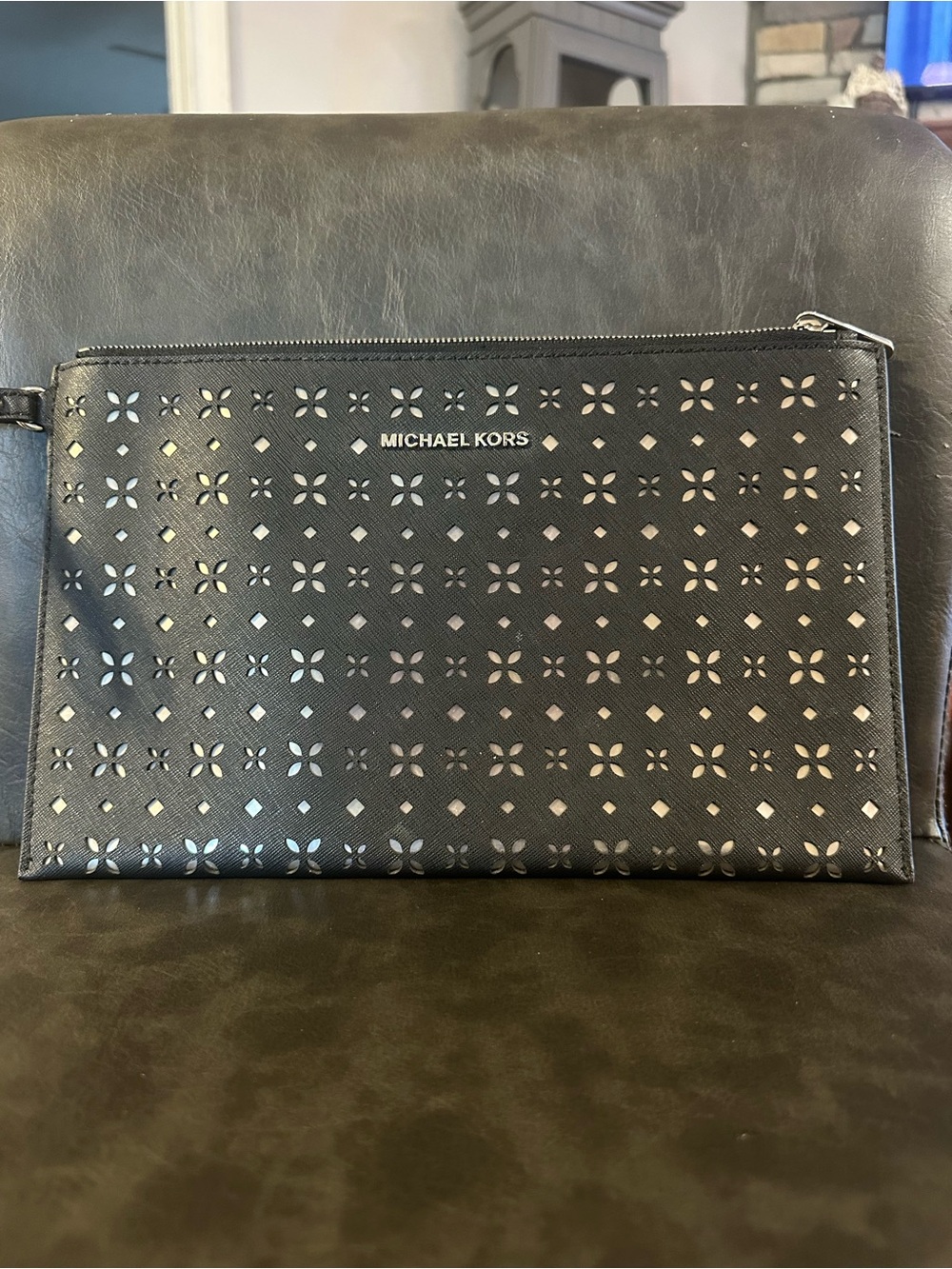 Michael Kors Black Perforated Leather Wristlet Clutch